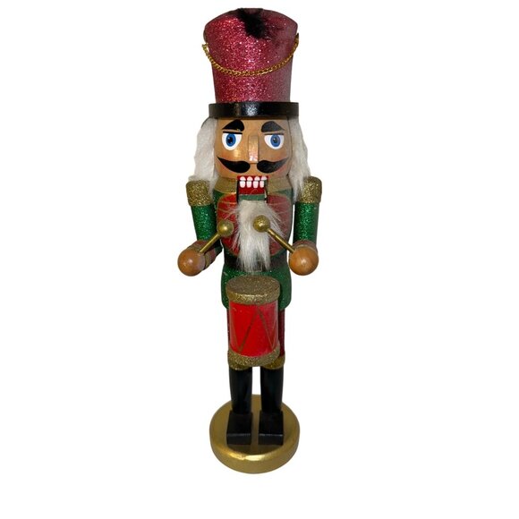 Handcrafted Wooden Nutcracker Drummer Figurine With Red & Green Glitter Accents - Picture 1 of 5